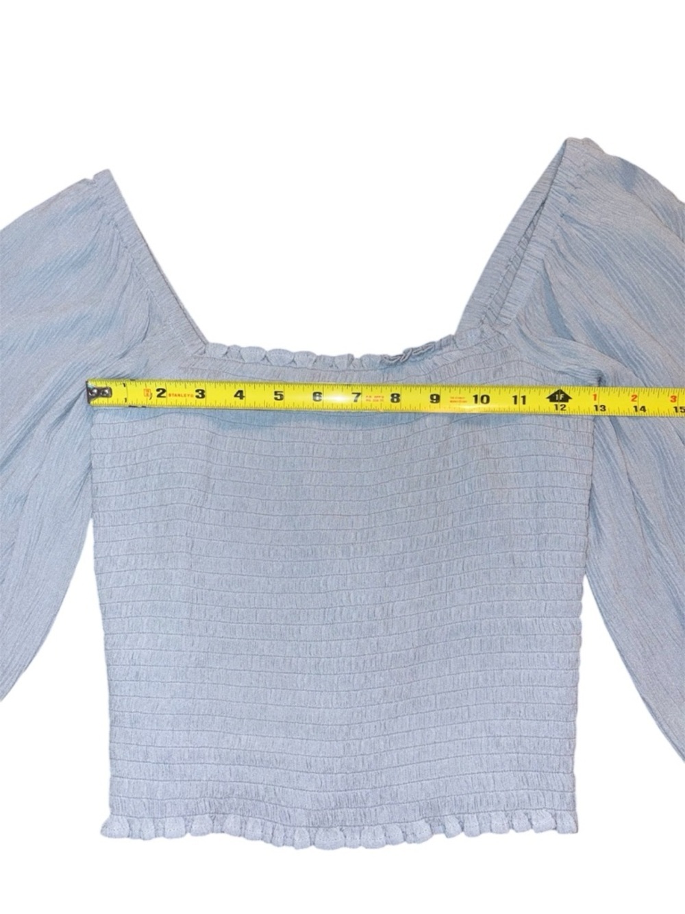 1. State Light Blue Coquette Smocked Bodice Crop Top Puff Sleeve Size Small - Picture 8 of 11